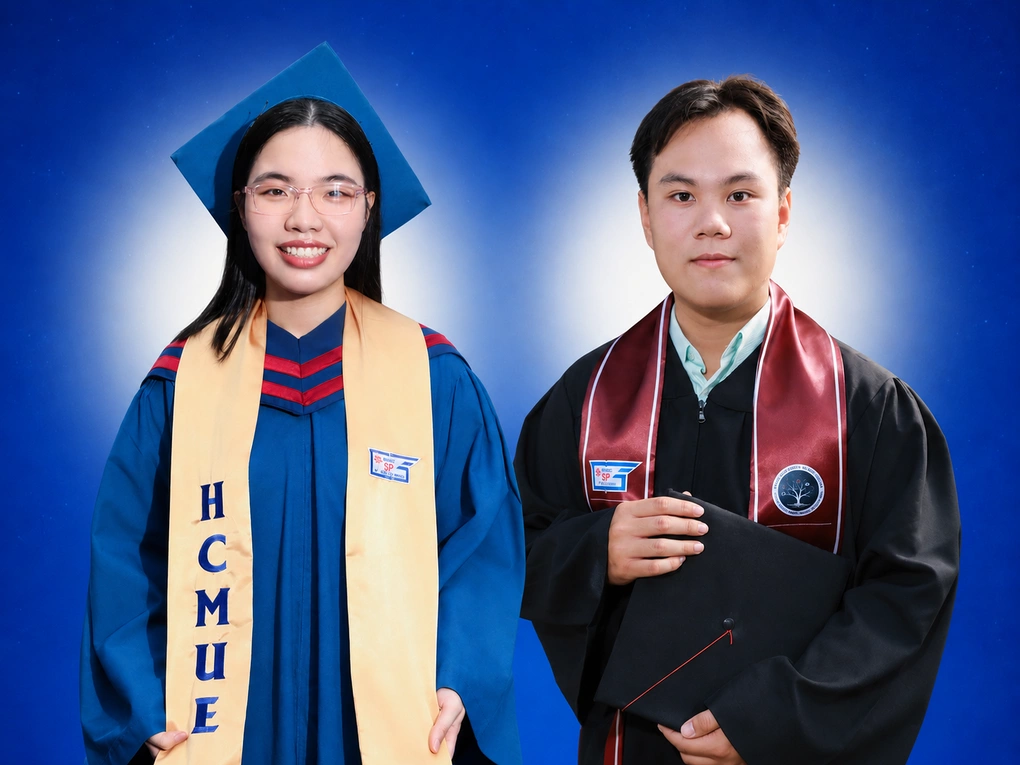 Huỳnh Trâm và Tiến Khải, thủ khoa tốt nghiệp trường Đại học Sư phạm TP HCM năm 2026.