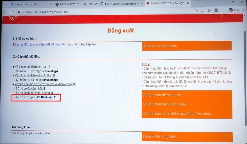 Thông tin trả về cho Khánh sau khi nộp minh chứng xét tuyển trên hệ thống của Đại học Huế. Ảnh chụp màn